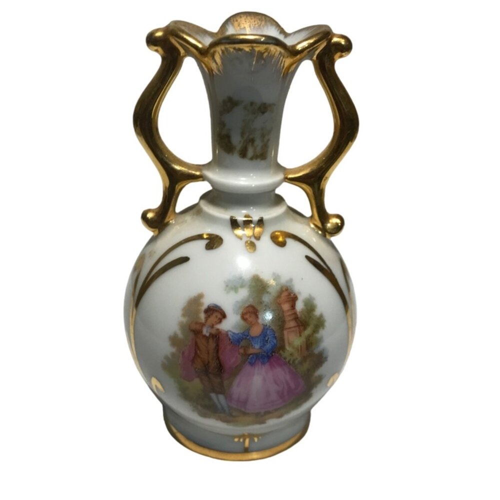 Limoges Vase Minature France Porcelain Gold Trim Romantic Scene Rare 3.25"